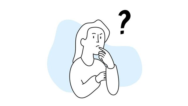 Animated business illustration. A woman searching for an idea. Question mark and people flat cartoon art.