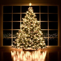 Illuminated Christmas Tree by Window at Night