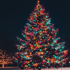Illuminated Christmas tree covered in snow at night.