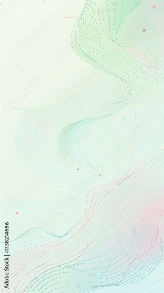 Aufkleber soft pastel green abstract background featuring flowing, curved lines and scattered particles, evoki