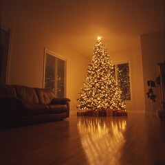Illuminated Christmas tree in living room at night.