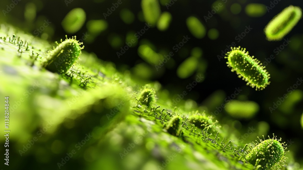 Poster microscopic view of bacteria multiplying and spreading on a surface, creating a potential health haz