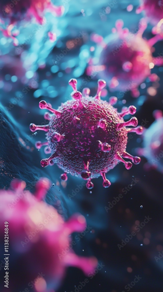 Poster microscopic view capturing floating coronavirus cells adorned with spikes in liquid, emphasizing a s