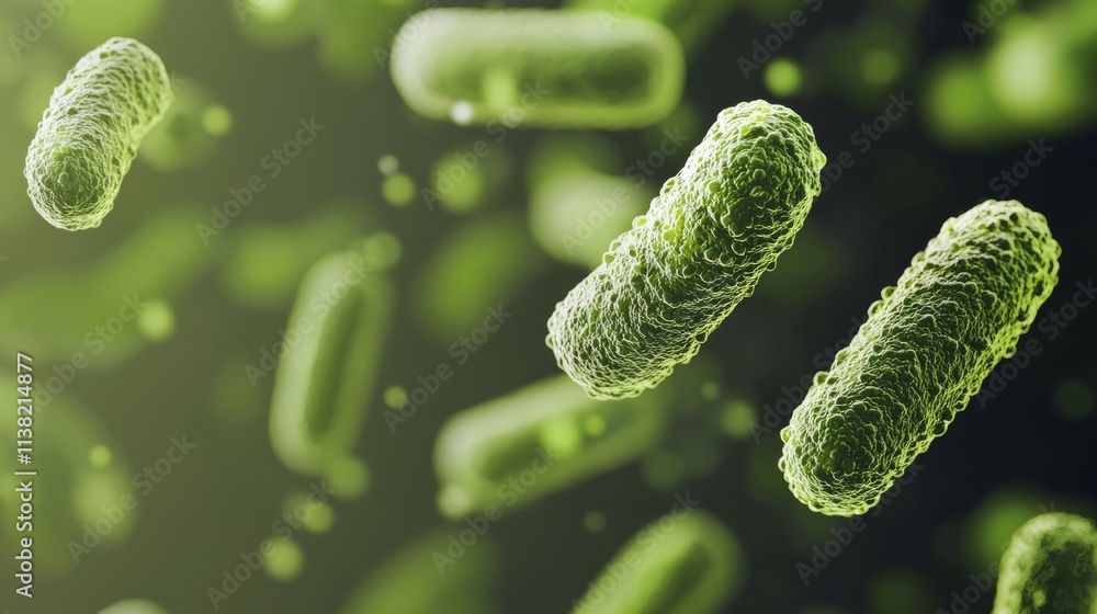 Poster microscopic view revealing dangerous green bacteria multiplying and spreading in a dark environment,