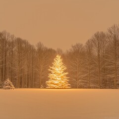 Illuminated Christmas tree in snowy field at dusk.