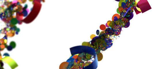 Abstract background with colorful confetti and shiny particles exploding in mid air, isolated on white.