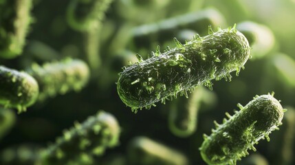 Naklejka premium Rod-shaped bacteria floating in a green environment illustrate the presence of microorganisms and their potential impact on health and disease