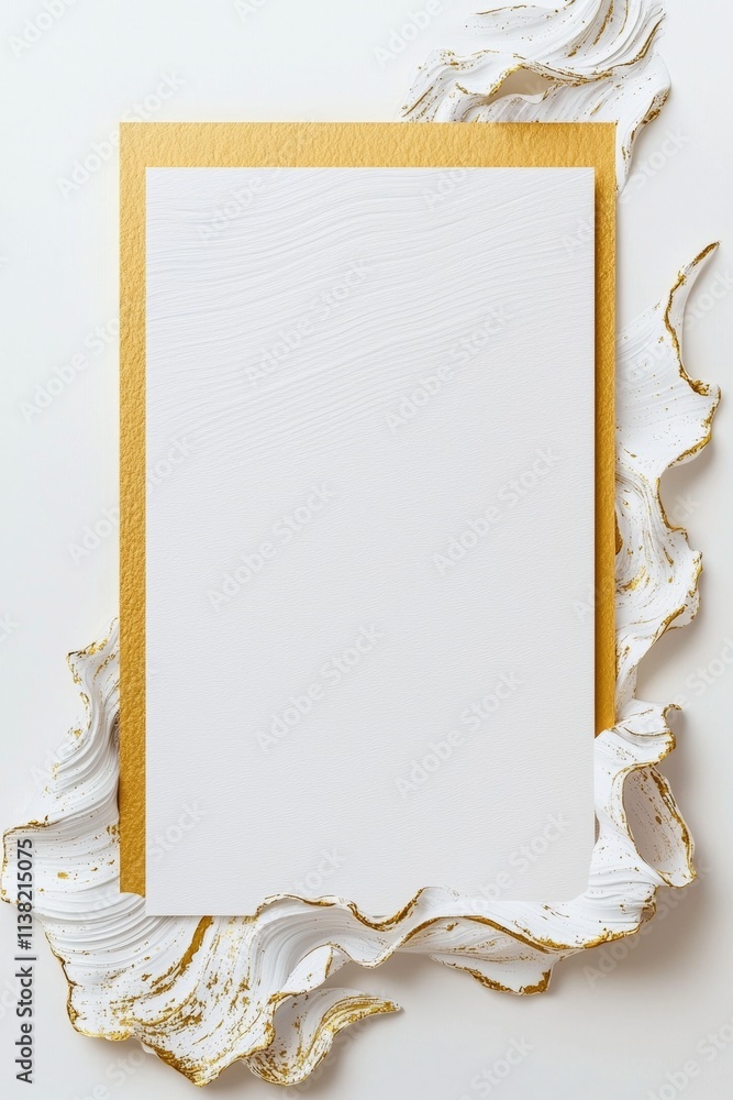 Poster white textured paper with golden frame lying on white and gold abstract background creating elegant 