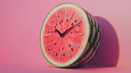 Watermelon slice transformed into a whimsical clock, symbolizing the passage of time, set against a vibrant pink backdrop, creating a fresh and surreal summer atmosphere