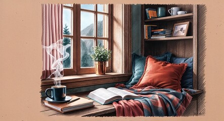 A cozy reading nook by a window with a steaming mug and warm blankets hand drawing