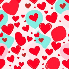 Romantic Heart Pattern: A vibrant and playful seamless pattern featuring red hearts of various sizes and styles scattered on a pink background with blue and pink circles, perfect for Valentine's Day.