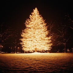 Illuminated Christmas Tree in Snowy Park at Night