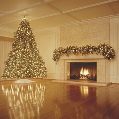Illuminated Christmas tree near fireplace in elegant room.