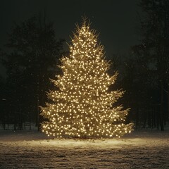 Illuminated Christmas Tree in Snowy Night Scene