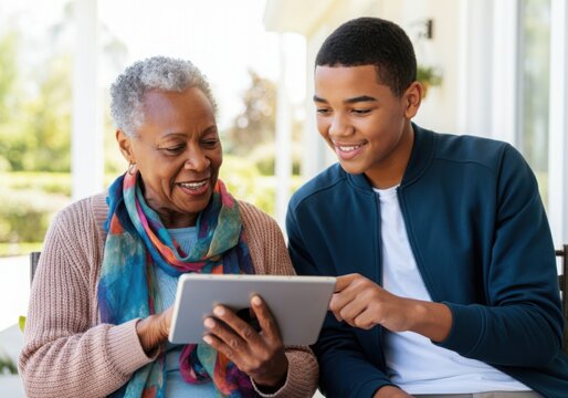Grandson is helping his grandmother to use a digital tablet, sharing a special moment of connection and learning
