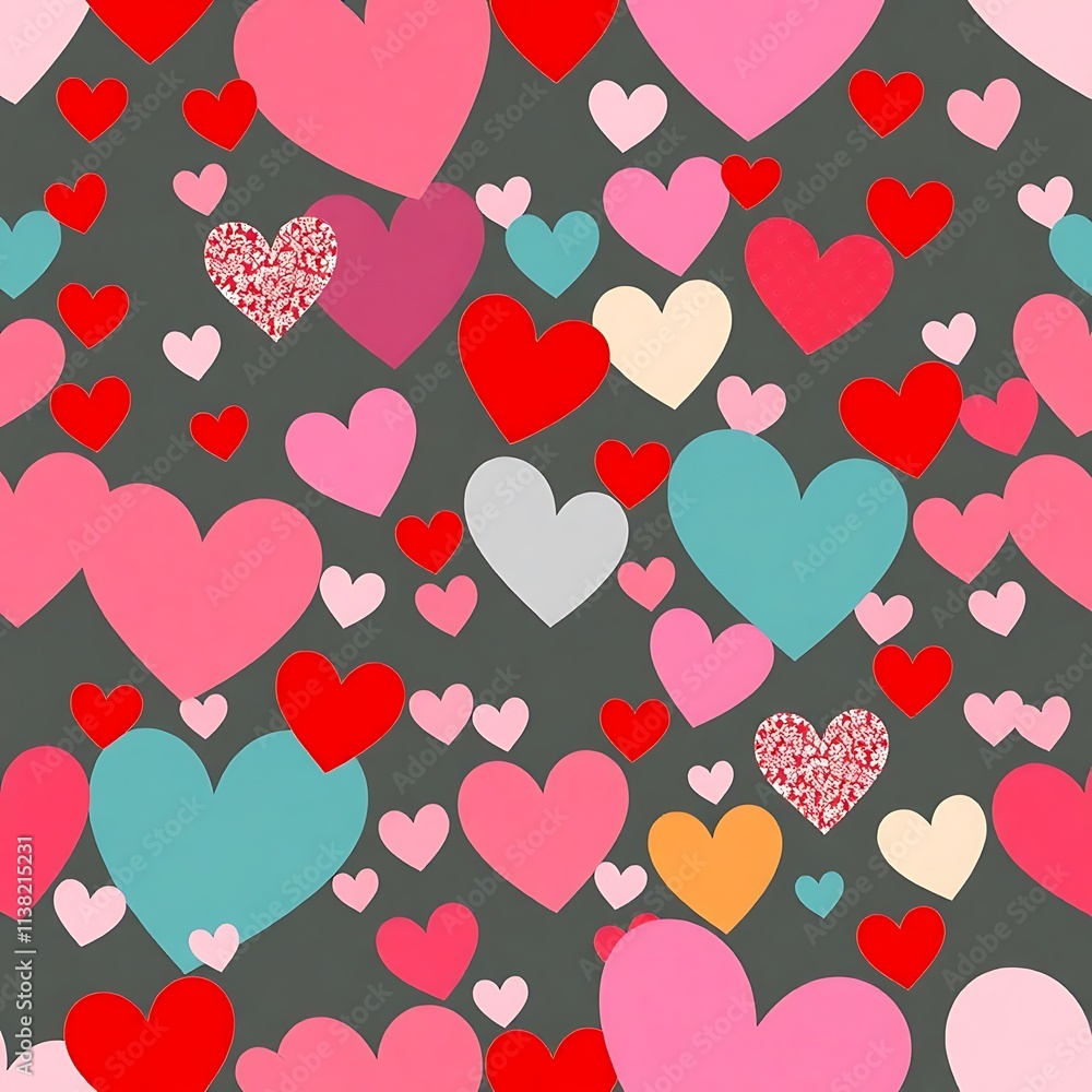 Poster heartfelt pattern: a vibrant and playful seamless pattern featuring a multitude of hearts in various