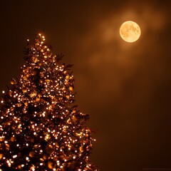 Illuminated Christmas tree under a large, full moon at night.