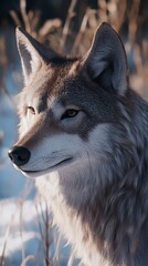 Fototapeta premium Wolf in the winter. wolf wallpaper. Ultra realistic. Photorealistic hypermaximalist hyper realistic fine detail
