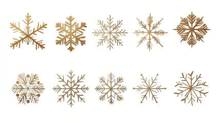Golden snowflakes arranged symmetrically on a white background for festive decoration