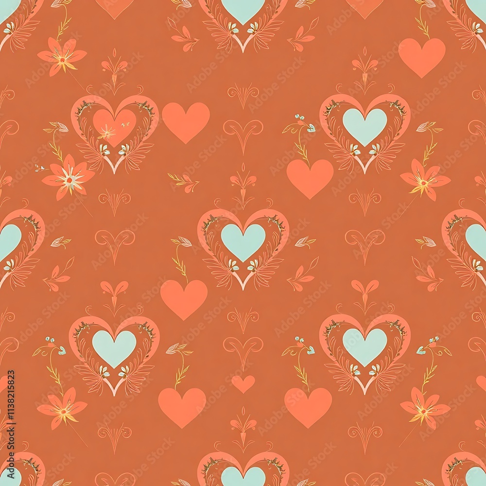 Poster rustic romance seamless pattern: a delightful pattern featuring hearts and floral elements in a warm