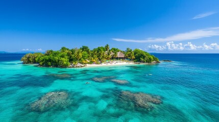 Fototapeta premium Tropical island in clear blue water with palm trees and colorful fish swimming around it. Underwater coral reefs surrounded by crystal-clear turquoise waters, showcasing a serene tropical paradise.