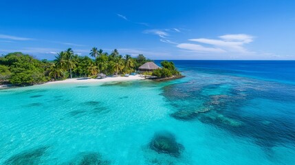 Fototapeta premium Tropical island in clear blue water with palm trees and colorful fish swimming around it. Underwater coral reefs surrounded by crystal-clear turquoise waters, showcasing a serene tropical paradise.