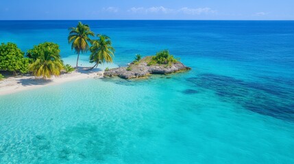 Fototapeta premium Tropical island in clear blue water with palm trees and colorful fish swimming around it. Underwater coral reefs surrounded by crystal-clear turquoise waters, showcasing a serene tropical paradise.