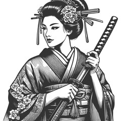 Obraz premium samurai woman in a kimono with katana, adorned with intricate details sketch engraving generative ai fictional character raster illustration. Scratch board imitation. Black and white image.