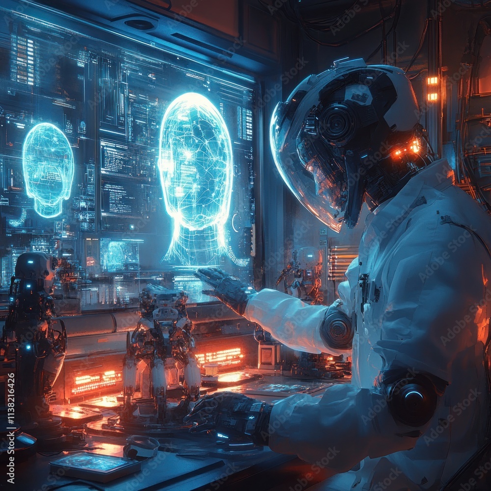 Poster a futuristic scientist interacts with holographic displays and robotic figures in a high-tech lab.