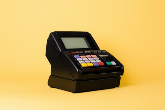 A black electronic device with a screen and a keyboard. It is sitting on a yellow surface. The device appears to be a cash register or a calculator