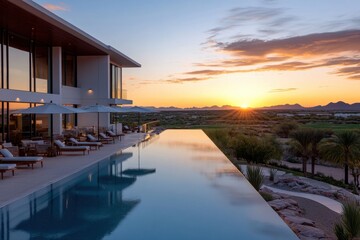 Fototapeta premium This stunning modern villa features an infinity pool overlooking a breathtaking sunset, highlighting a luxurious lifestyle in a serene desert landscape.