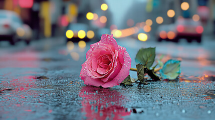 Red rose resting on wet pavement in a city street after rain, evoking feelings of solitude and beauty