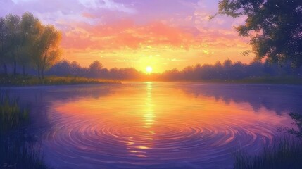 Naklejka premium A scenic sunset over a calm lake, with soft ripples on the water and silhouetted trees along the shore. The warm colors in the sky – shades of orange, pink, and purple – create a serene and 