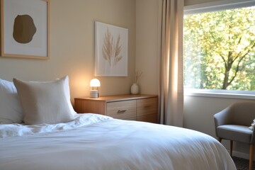 A bright bedroom filled with natural light showcases minimalistic decor, offering a serene escape enhanced by a nature view and soothing colors.