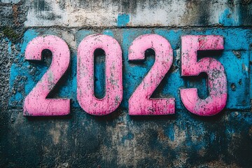 Grungy Urban Wall Art: Pink 2025 Numbered Graffiti on Weathered Concrete, 2025 new year word art