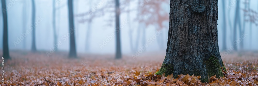 Poster a tree trunk is surrounded by fallen leaves in a forest. the leaves are brown and scattered around t