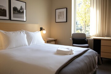 This stylish bedroom, featuring clean lines and framed artwork, provides a peaceful sanctuary with soft bedding and a calming color palette for relaxation.