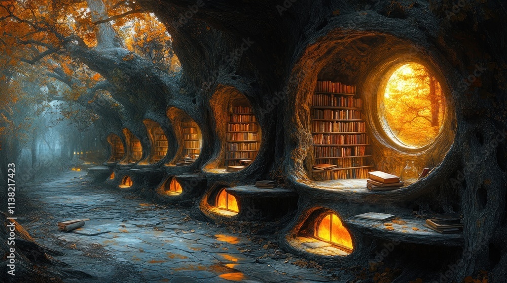 Poster a mystical library within tree trunks, illuminated by warm autumn light.
