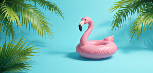 Obraz premium A vibrant pink flamingo pool float rests on a bright blue background, framed by lush green tropical leaves. Perfect for summer relaxation and fun