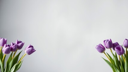 A delicate arrangement of vibrant purple tulips against a soft gray background, capturing the essence of springtime beauty