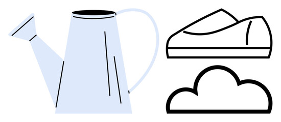 Watering can, shoe, and cloud in minimalist design representing gardening, daily life, and weather. Ideal for gardening tips, lifestyle blogs, weather forecasts, eco-friendly themes, educational