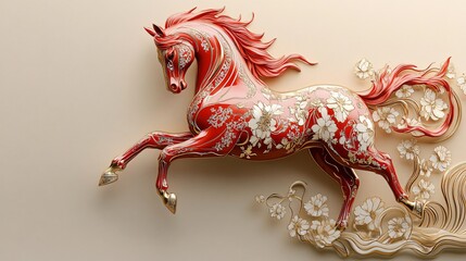 A striking red horse sculpture with gold leaf accents, ideal for luxury decor, artistic exhibitions, and festive events celebrating culture and vitality.