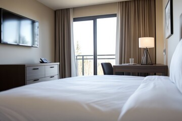 A modern hotel room featuring a luxury bed, elegant furnishings, and a large window offering a breathtaking view of nature, creating a perfect blend of comfort and style.