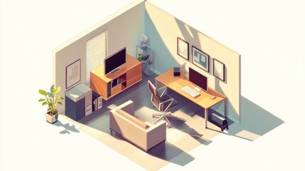 Sunlit Modern Home Office Isometric Illustration
