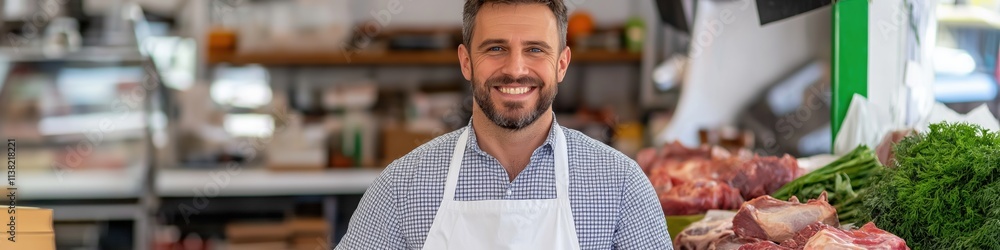 Poster a man is smiling in front of a meat counter. he is wearing a white apron. there are several differen