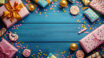 Birthday Gifts and Lollipops on Wooden Table with Birthday Decorations and Copy Space AI Generated