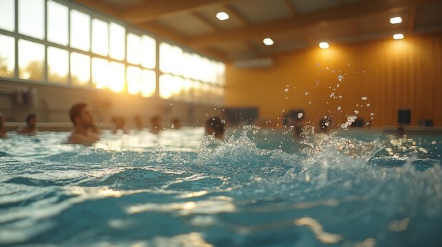 A group of people splashing in a pool during a water aerobics class.