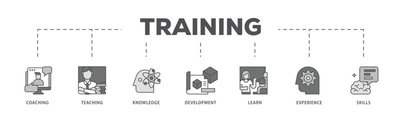 Training and development infographic icon flow process which consists of trainer, professional development, supervisory, trainee, instructor, coaching  icon live stroke and easy to edit .