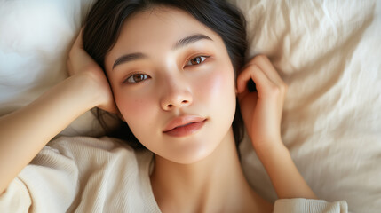 Fototapeta premium Close-up portrait of a beautiful woman with flawless skin, soft lighting, calm expression, lying on a bed with relaxed posture, highlighting natural beauty and serene ambiance in an intimate setting.