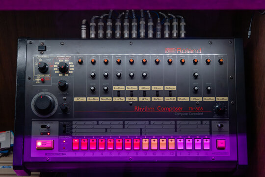 Classic drum machine Roland TR 808 in the house music museum in Amsterdam. Amsterdam, the Netherlands. 23 March 2024. 